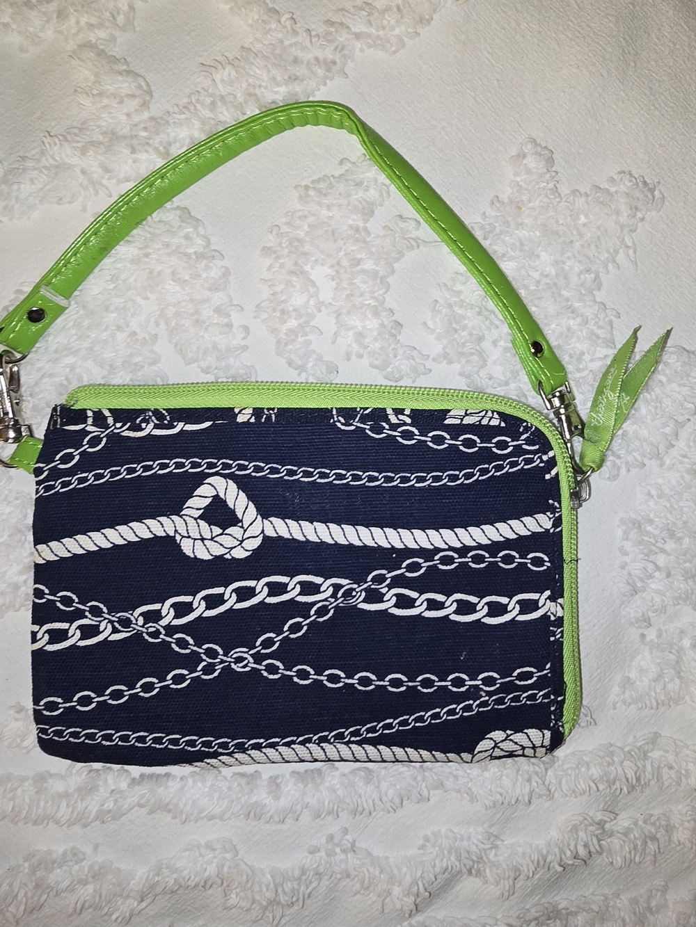 Thirty One Navy Rope-Print Wristlet with Lime Green Trim